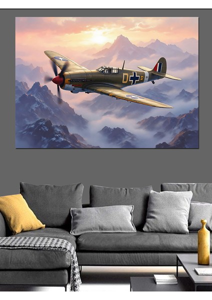 Dağlar Üzerinde Uçak Dekoratif Kanvas - Mdf Ahşap Tablo