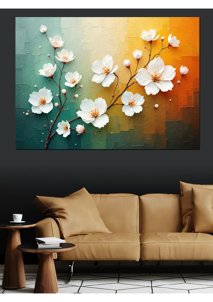 Beyaz Çiçek Deseni Dekoratif Kanvas - Mdf Ahşap Tablo