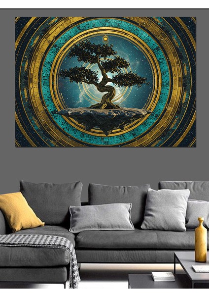 Dairesel Bonsai Ağacı Dekoratif Kanvas - Mdf Ahşap Tablo