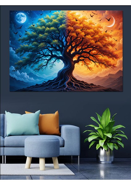 Iki Renkli Büyülü Ağaç Dekoratif Kanvas - Mdf Ahşap Tablo
