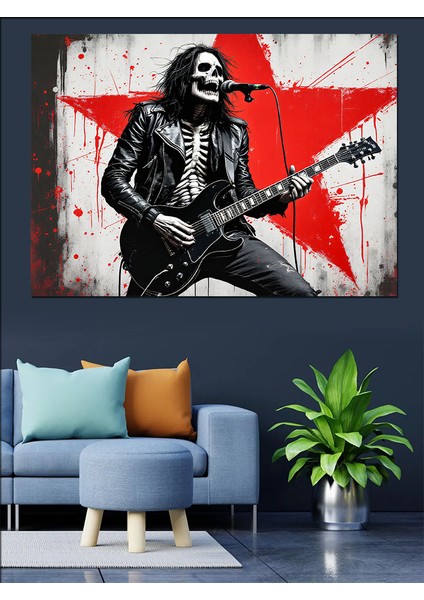 Yıldızlı Iskelet Gitarist Dekoratif Kanvas - Mdf Ahşap Tablo