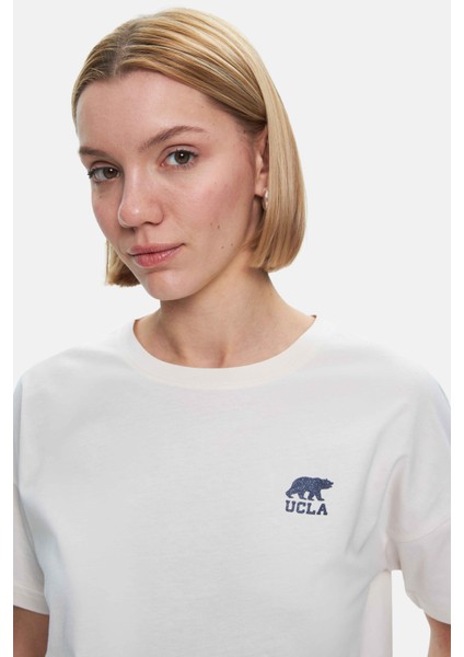 Kenzıe Gök Mavi Bisiklet Yaka Baskılı Loose Fit Kadın Tshirt