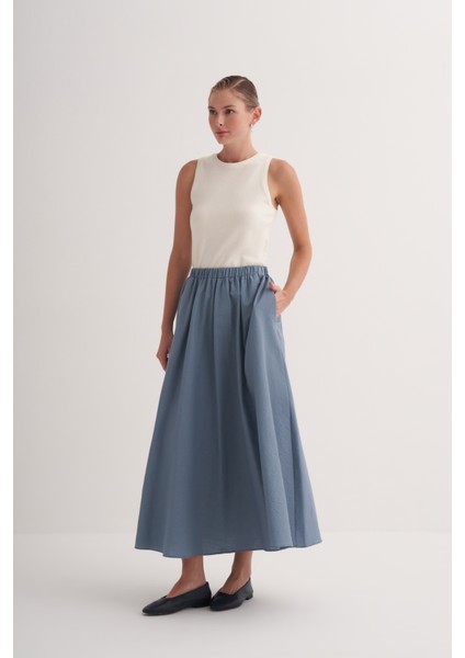 Mavi Beli Lastikli Pamuklu Volanlı Geniş Kesim Etek