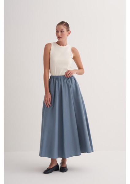 Mavi Beli Lastikli Pamuklu Volanlı Geniş Kesim Etek fiyatları
