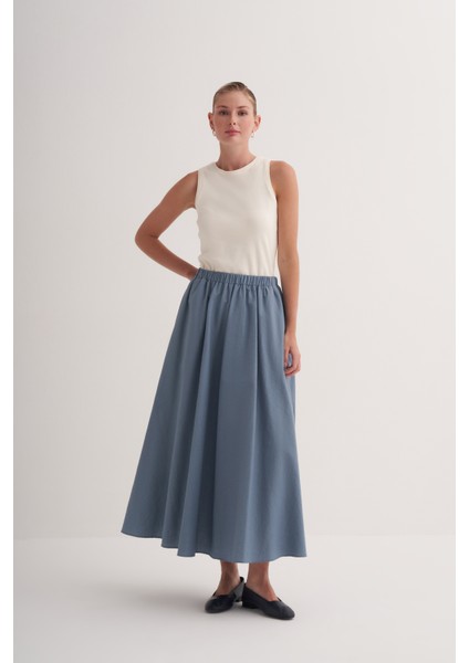 Mavi Beli Lastikli Pamuklu Volanlı Geniş Kesim Etek modelleri