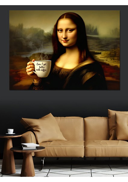 Kahve Tutan Mona Lisa Dekoratif Kanvas - Mdf Ahşap Tablo