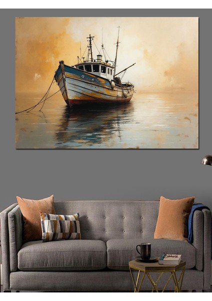 Sakin Sular Üzerinde Balıkçı Teknesi Dekoratif Kanvas - Mdf Ahşap Tablo fırsatları