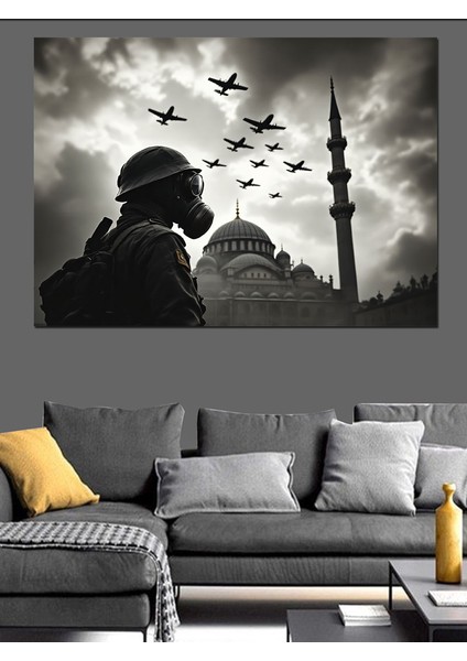 Uçaklar ve Camii Silüeti Dekoratif Kanvas - Mdf Ahşap Tablo