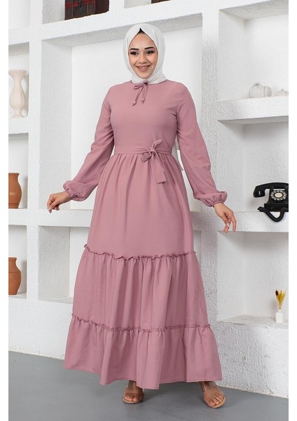 Yakası Bağcıklı Patlı Elbise Gül Kurusu