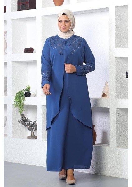 Taş Işlemeli Tesettür Elbise Indigo