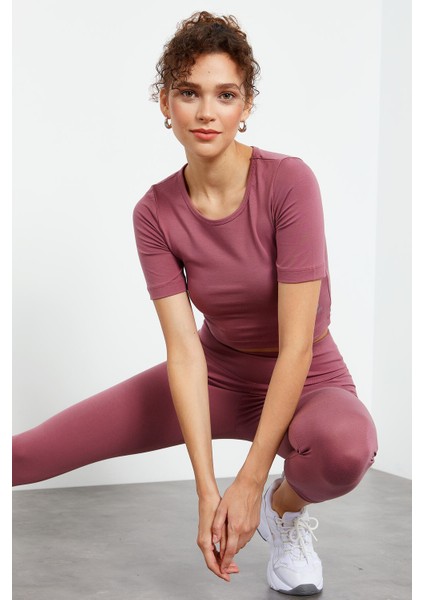 Gül Kurusu Yüksek Bel Kapri-Crop T-Shirt Slim Fit Kadın Tayt Takım - 95285 modelleri