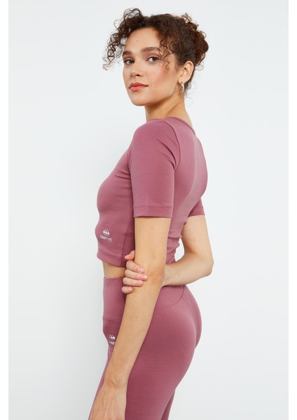 Gül Kurusu Yüksek Bel Kapri-Crop T-Shirt Slim Fit Kadın Tayt Takım - 95285