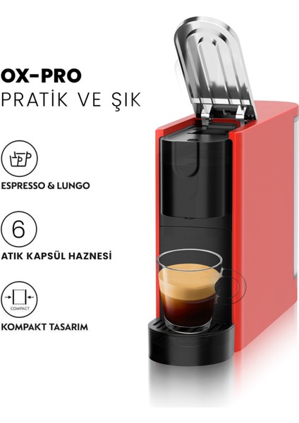 Ox-Pro Kırmızı Espresso Kapsül Kahve Makinesi