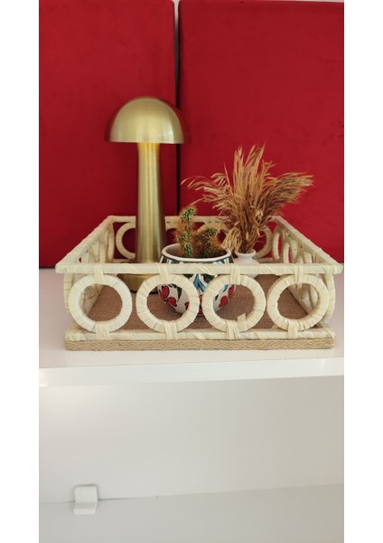Halkalı Hasır Tabanlı Dekoratif Ahşap Tepsi 25 cm