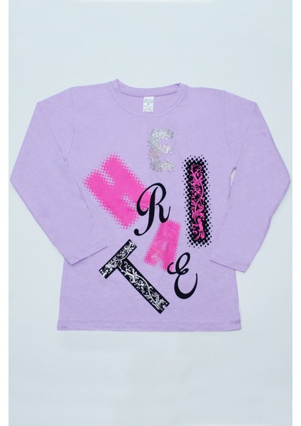 Kız Çocuk Uzun Kollu Tshirt Pullu Harf Baskılı Bisiklet Yaka E9