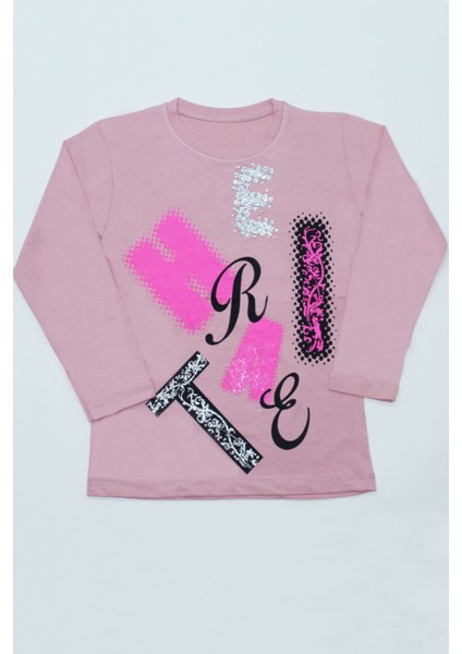 Kız Çocuk Uzun Kollu Tshirt Pullu Harf Baskılı Bisiklet Yaka E9