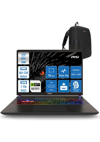 Msı Vector 16 Hx Aı Intel Ultra 7 255HX Aı 80GB Ddr5 1tb SSD 12GB/RTX5070TI/140W Freedos 16" Fhd+ 144Hz Taşınabilir Bilgisayar 091XTRF22 + Zettausbbellek