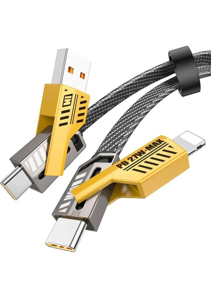 4in1 Pd 65 Watt Type-C/27 Watt iPhone Paraşüt Ipi Halat Örgü Kırılmaz Uç 1 Metre Hızlı Şarj Kablosu