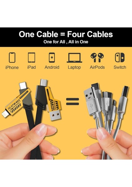 4in1 Pd 65 Watt Type-C/27 Watt iPhone Paraşüt Ipi Halat Örgü Kırılmaz Uç 1 Metre Hızlı Şarj Kablosu