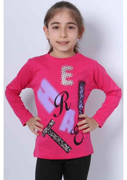 Kız Çocuk Uzun Kollu Tshirt Pullu Harf Baskılı Bisiklet Yaka E9 fırsatları