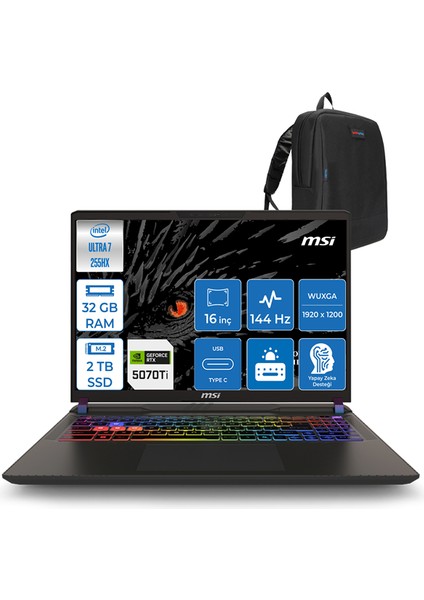 Msı Vector 16 Hx Aı Intel Ultra 7 255HX Aı 32GB Ddr5 2tb SSD 12GB/RTX5070TI/140W Freedos 16" Fhd+ 144Hz Taşınabilir Bilgisayar 091XTRF11 + Zettausbbellek