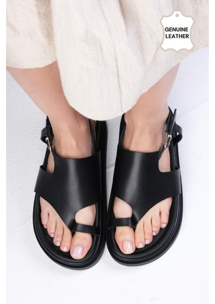 Lora Hakiki Deri Siyah Renk Parmak Arası Kadın Sandalet