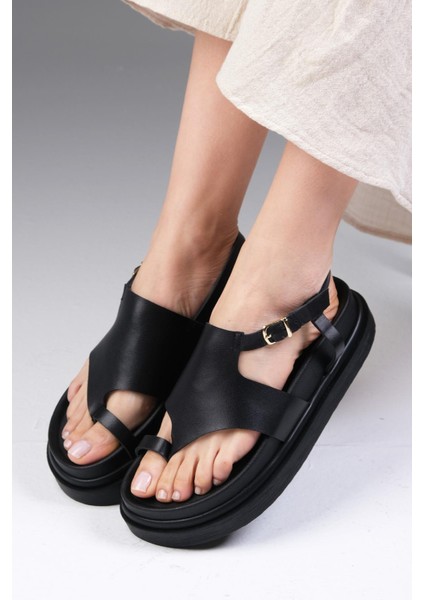 Lora Hakiki Deri Siyah Renk Parmak Arası Kadın Sandalet indirimleri