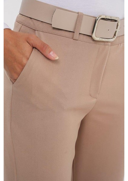 6538 Kemerli Ispanyol Paça Pantolon - Bej