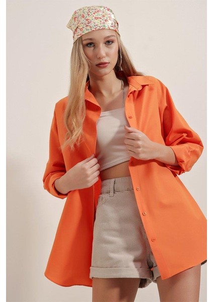 3900 Oversize Uzun Basic Gömlek - Turuncu
