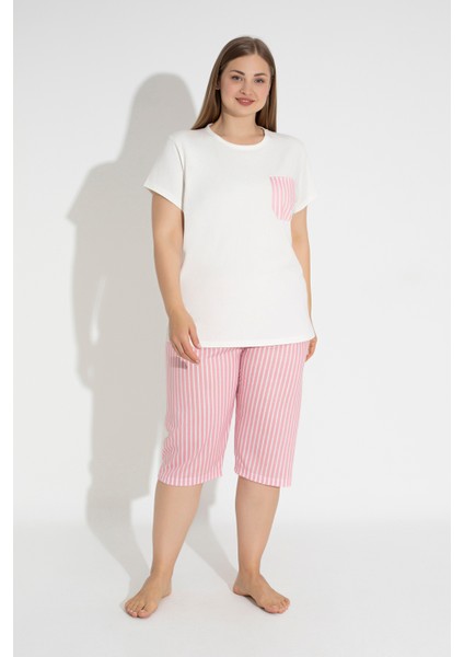 Pembe Çizgili Kısa Kollu Rahat Kesim Büyük Beden Kapri Pijama Takımı 30007 modelleri