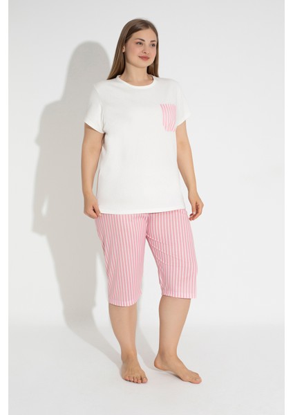 Pembe Çizgili Kısa Kollu Rahat Kesim Büyük Beden Kapri Pijama Takımı 30007 fırsatları