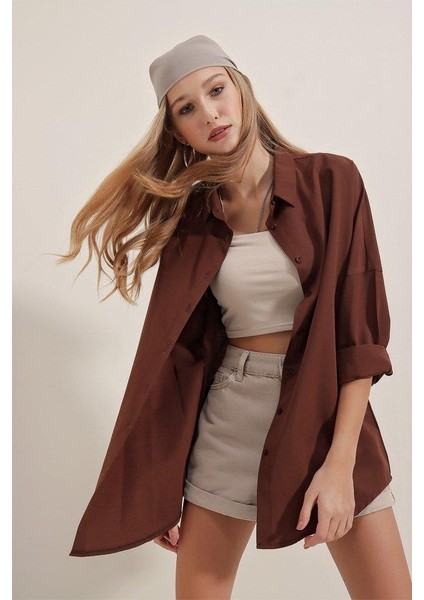 3900 Oversize Uzun Basic Gömlek - Kahverengi