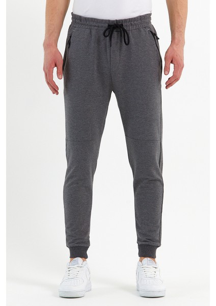 Erkek Antrasit Slim Fit Jogger Cep Nakış Fermuar Detaylı Eşofman Altı