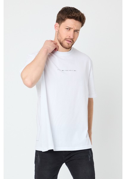 Beyaz Baskılı Basic Erkek Oversize Bisiklet Yaka Kısa Kollu T-Shirt