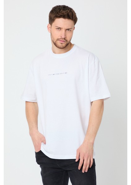 Beyaz Baskılı Basic Erkek Oversize Bisiklet Yaka Kısa Kollu T-Shirt modelleri