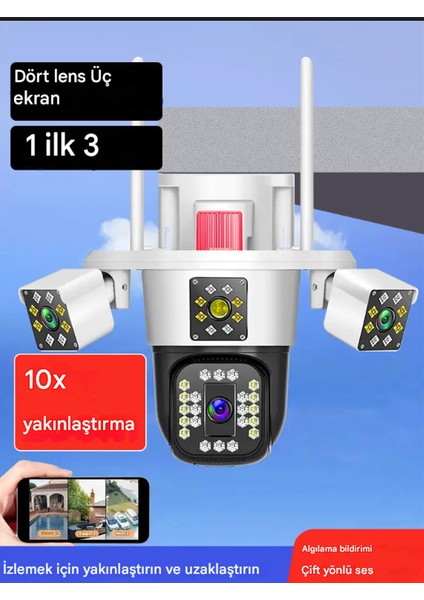 360 Derece 10X Zoom 3 Ekranlı Hd Gece Görüş Kamerası Dış Mekan ve Iç Mekan Koruma Yüksek Çözünürlük