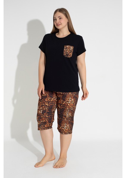 Leopar Desenli Kısa Kollu Rahat Kesim Büyük Beden Kapri Pijama Takımı 30006 modelleri
