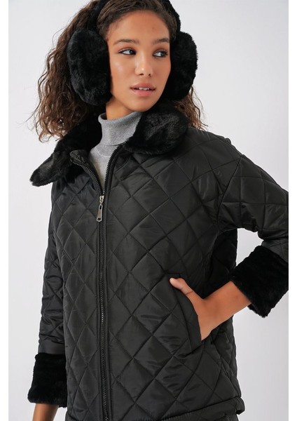 5202 Peluş Detaylı Kapitone Mont - Siyah