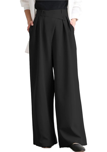 x Nurbeli Siyah Kadın Asimetrik Tasarımlı Lastikli Likralı Pantolon