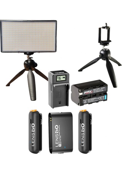 Youtuber Seti (Led Işık, Ikili Kablosuz Yaka Mikrofonu, Masaüstü Tripod)