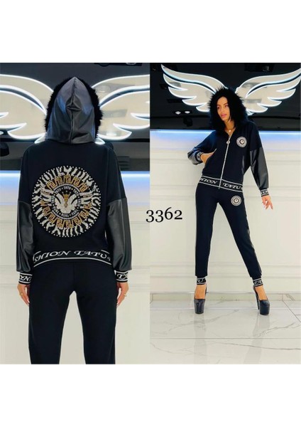 Derili Kürklü Crystal Taşlı Eşofman Takımı - Siyah Gümüş