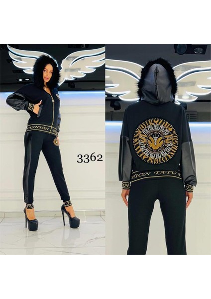 Derili Kürklü Crystal Taşlı Eşofman Takımı - Siyah Gold