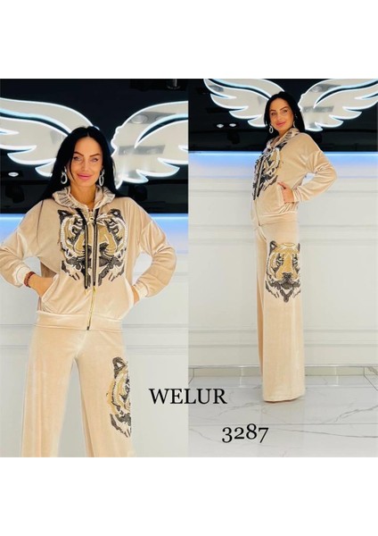 Ispanyol Paça Leoparlı Crystal Taşlı Kadife Eşofman Takımı - Bej