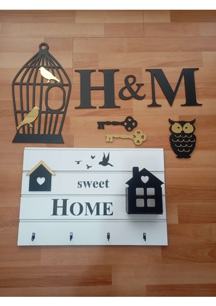 Anahtar Askılığı ve Duvar Dekorasyon Seti | Home Sweet Home | H & M | Kuş Kafesli Baykuşlu