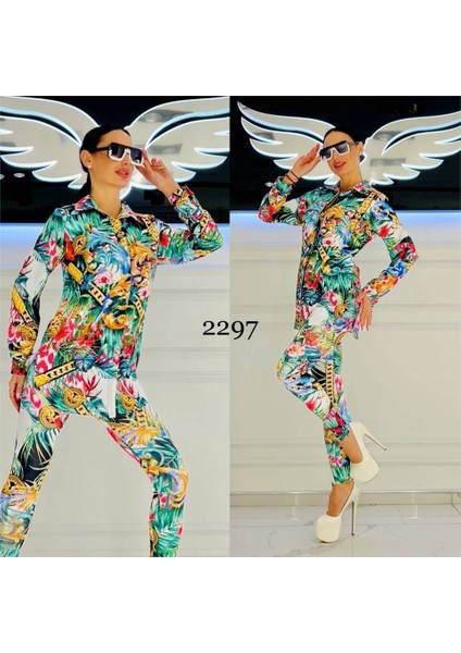 Zincir Detaylı Renkli Crystal Taşlı Gömlekli Takım - Ekru