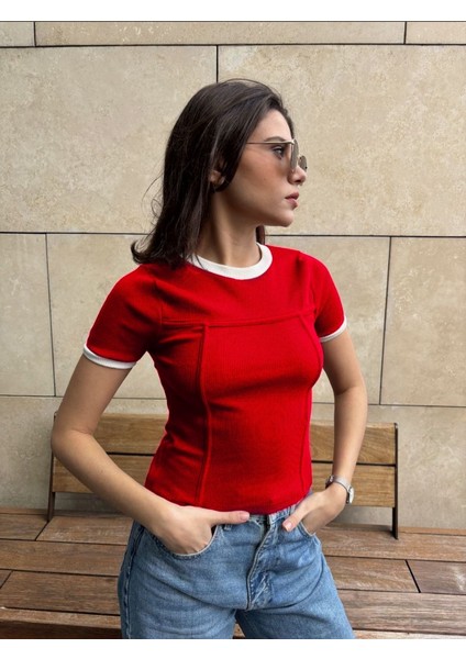 Yaka Kol Garnili Ön Parçalı Kaşkorse Dokuma Pamuk Kumaş Kadın Bluz