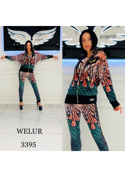 Karışık Desen Crystal Taşlı Kadife Eşofman Takımı - Yeşil