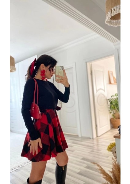 Kadın Uzun Kollu Bisiklet Yaka Üst Viskon Alt Ekose Kısa Elbise
