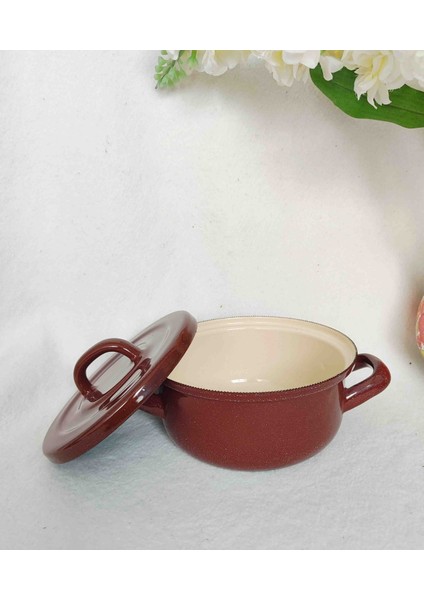 Kahverengi Çilli Mini Emaye Tencere 750 ml 16 cm Çap Yoğurt Mama Artan Yemek Tenceresi