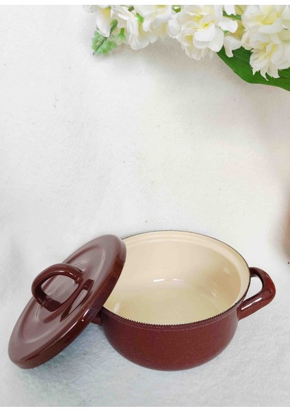 Kahverengi Çilli Mini Emaye Tencere 750 ml 16 cm Çap Yoğurt Mama Artan Yemek Tenceresi